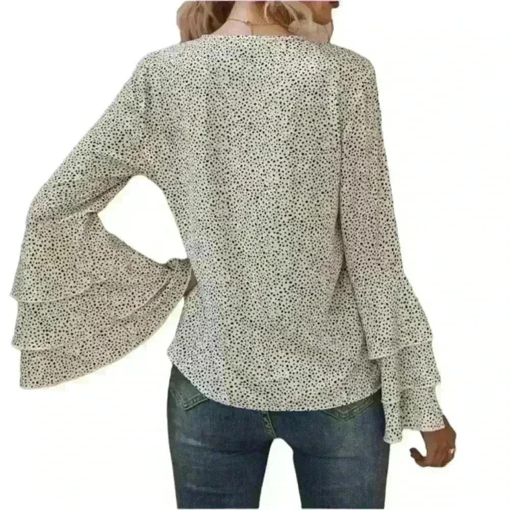 SHEIN Allover print layer long sleeve ivory and black blouse bell sleeves small - Picture 2 of 10